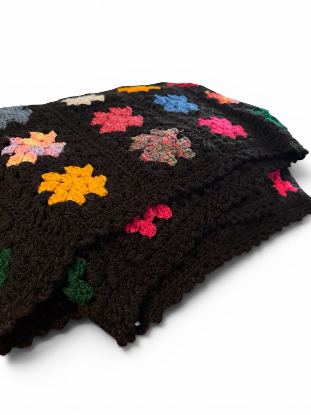 Vintage Hand-Crocheted Afghan Black With Multicolor Granny Squares 65” x 75”